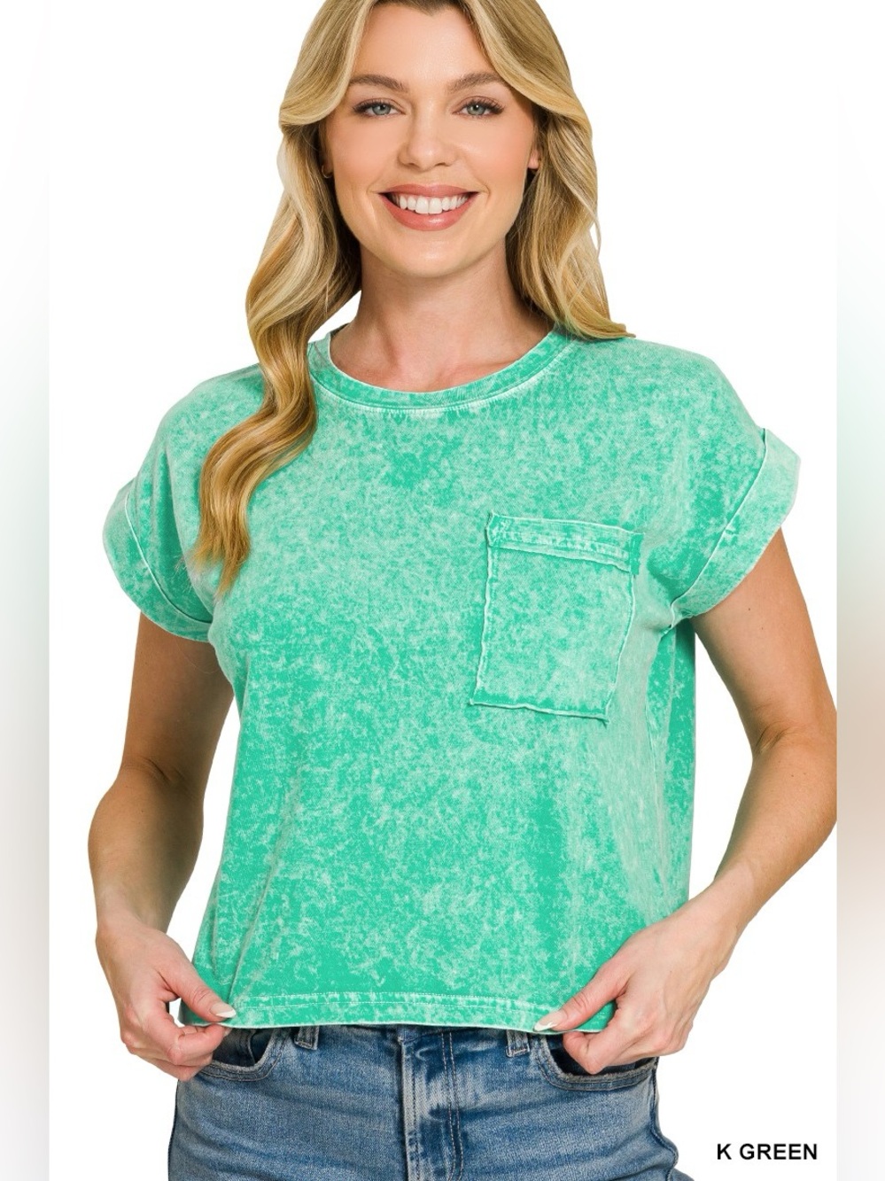 Zenana Halo Snow Washed Cotton Cuffed Short Sleeve Top